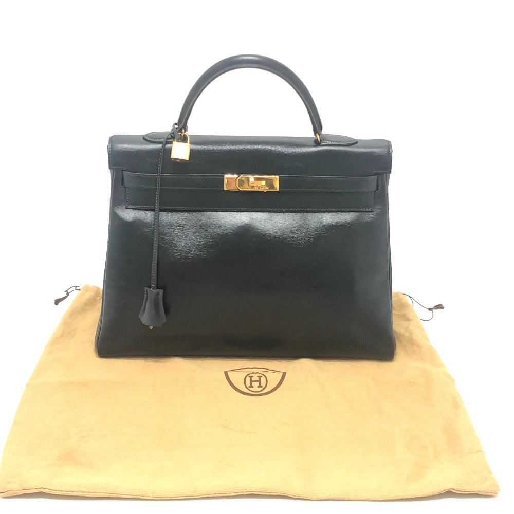 HERMES Kelly 35 Handbag in Black Box Calf Leather with Inner Stitching and Gold Hardware