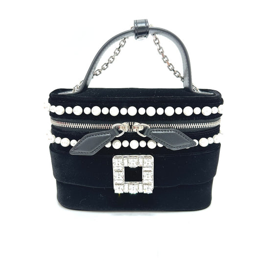 ROGER VIVIER RBWANMH70000LU Crystal and Faux Pearl Vanity Bag, Micro 2-Way Bag, Crossbody Handbag, Velvet, Women's, Black