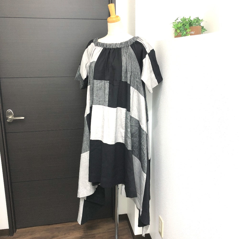 mikomori C0015 A1LR01 Apparel Patchwork Off-the-Shoulder Short Sleeve Flared Dress, Women's, Gray x Black