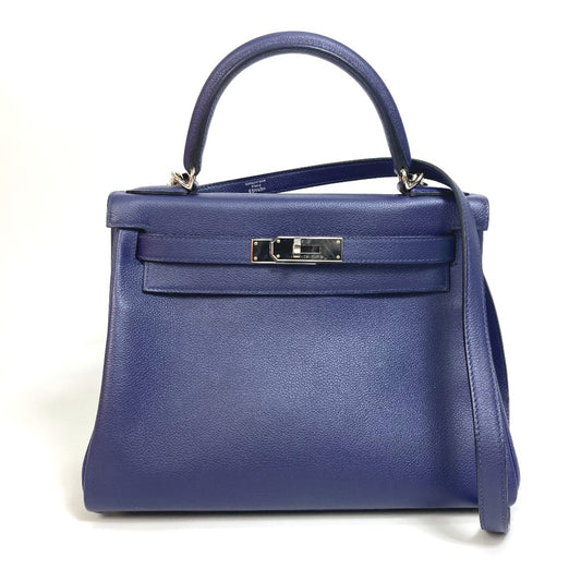 HERMES Kelly Verso 28 Inner Stitching Bag, 2-Way Shoulder Bag/Handbag, Evercolor, Women's, Blue Ankle/Blue Zellige, Silver Hardware