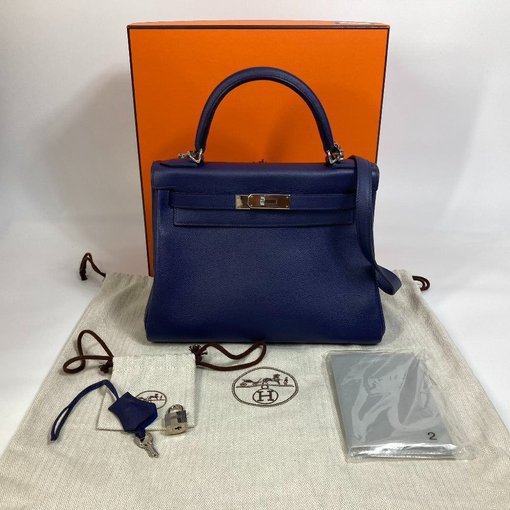 HERMES Kelly Verso 28 Inner Stitching Bag, 2-Way Shoulder Bag/Handbag, Evercolor, Women's, Blue Ankle/Blue Zellige, Silver Hardware