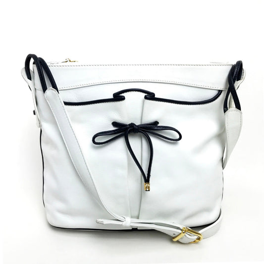 CELINE Ribbon Motif Shoulder Bag Leather Women's White x Black