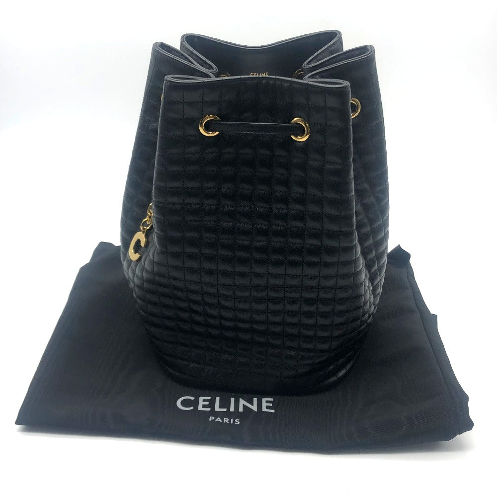 CELINE 188373BFI Small C Charm Drawstring Backpack in Leather, Women's, Black with Gold Hardware