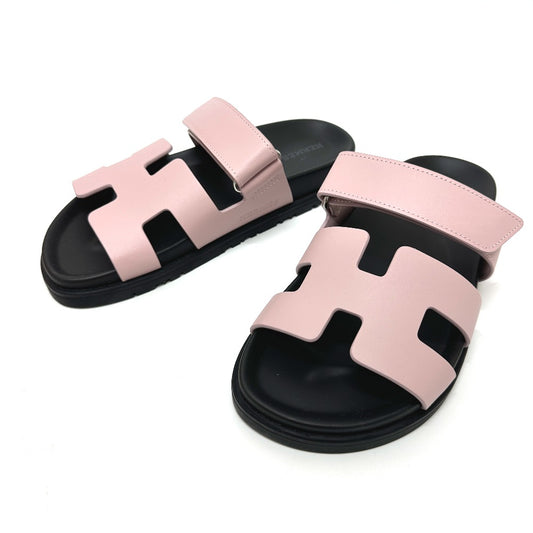 HERMES Chypre H-Logo รองเท้าแตะแบบสวม Velcro Flat Sandals หนัง สีชมพู สำหรับผู้หญิง