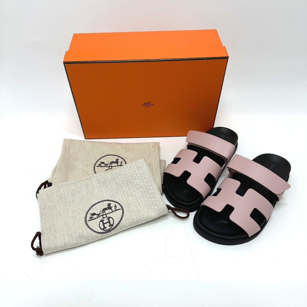 HERMES Chypre H-Logo รองเท้าแตะแบบสวม Velcro Flat Sandals หนัง สีชมพู สำหรับผู้หญิง