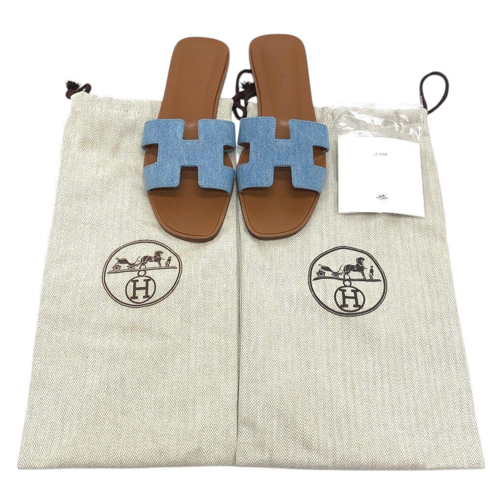 HERMES Oran H logo Shoes Denim Flat Mules Open Toe Sandals Denim / Leather blue 35 Used