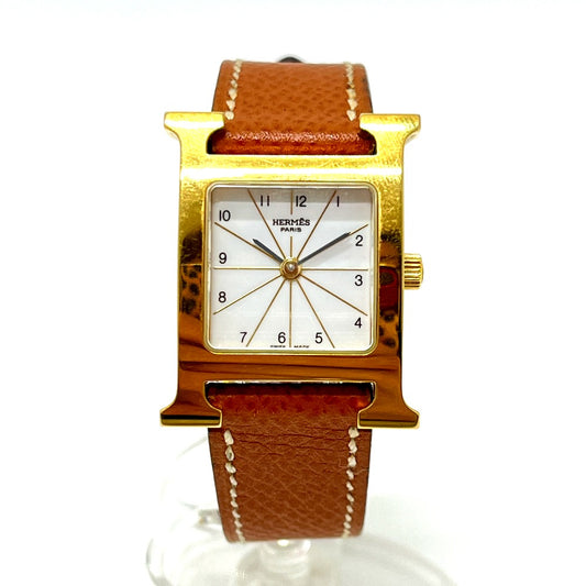 HERMES HH1.201 H Watch Quartz Watch with Leather Strap, Stainless Steel, Gold, for Women