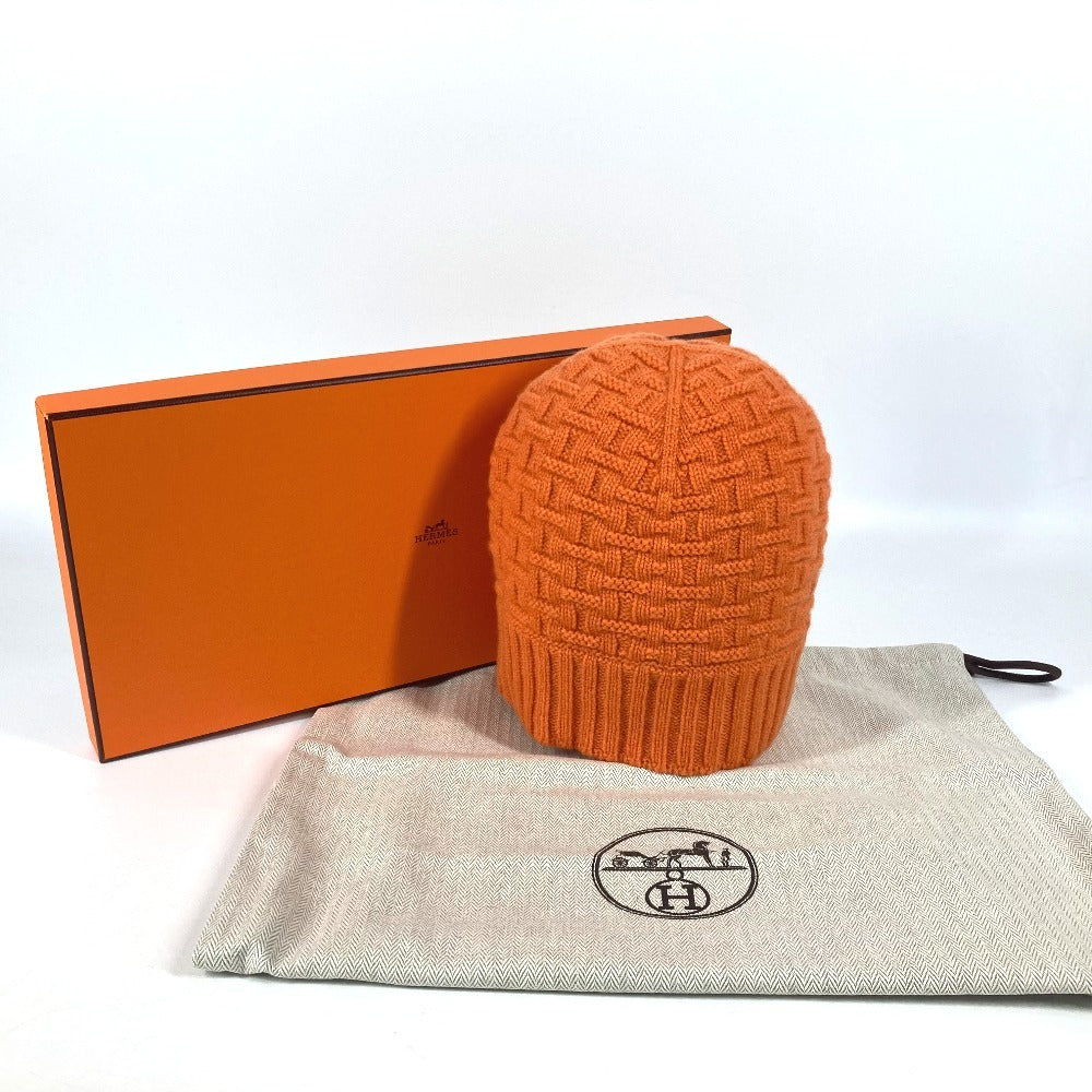 HERMES H Logo Beanie Hat Knit Cap Cashmere Women's Orange