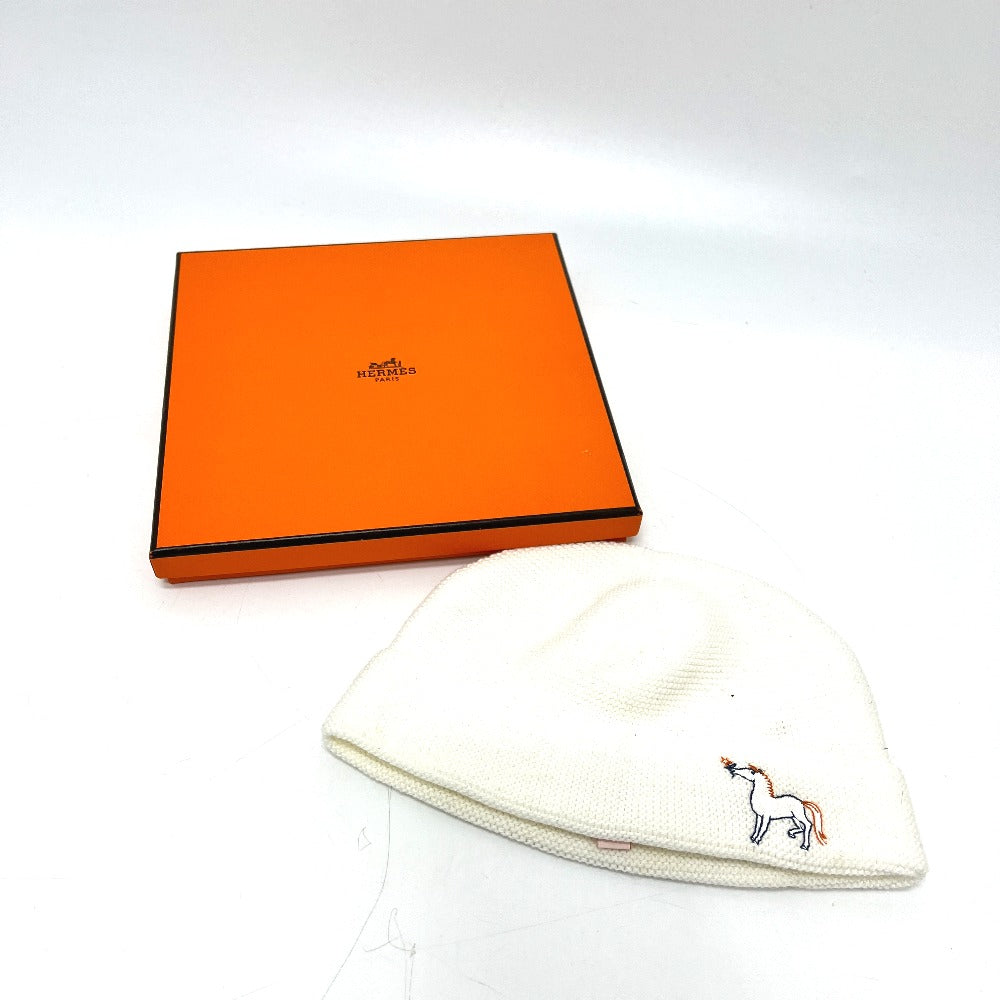 HERMES Cabriole Horse Embroidery baby hat baby Knit hat cotton White Used