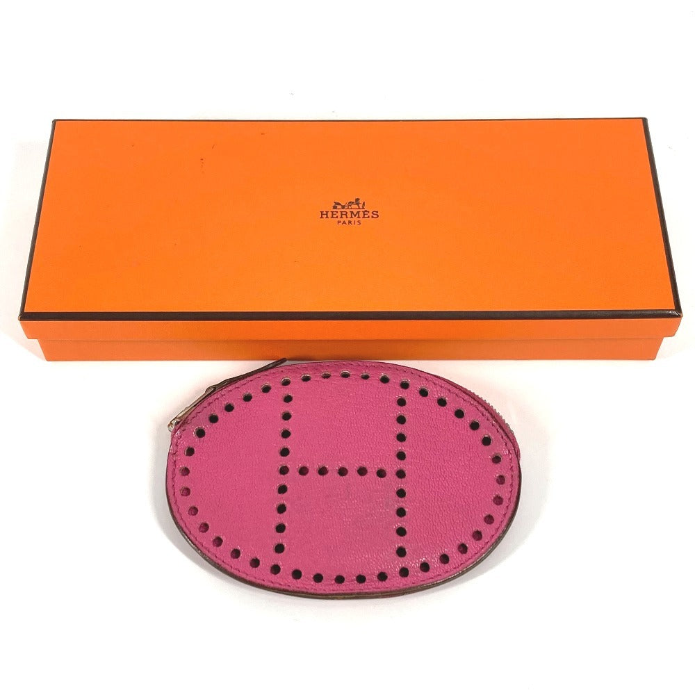 HERMES Evelyn Logo Wallet with Round Zipper, Chevre Coin Case, Women's, Pink