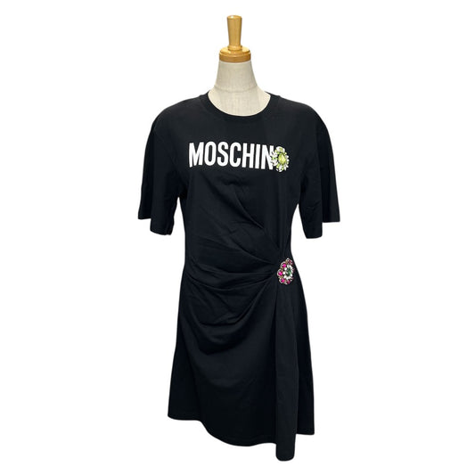 MOSCHINO KS7251145 Logo and Bejeweled Motif Short Sleeve Cotton Skirt Dress in Black