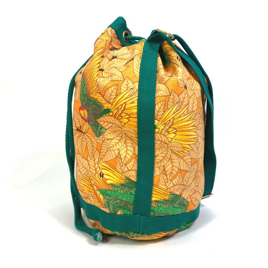 HERMES Vintage Bird Print Drawstring Bag, One-Shoulder Canvas Shoulder Bag, Women's, Green