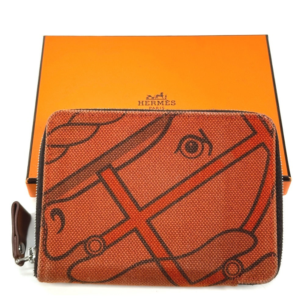 HERMES Horse Steeple PM Compact Wallet, Zip-Around Bifold Canvas, Unisex, Orange