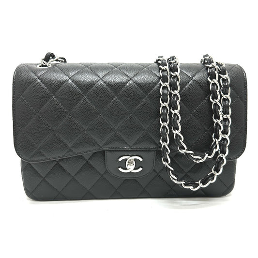 CHANEL A58600 CC Coco Mark Logo Deca Matelasse 30 Double Flap Chain Bag, Crossbody Bag with Double Chain, Caviar Leather, Women's, Black