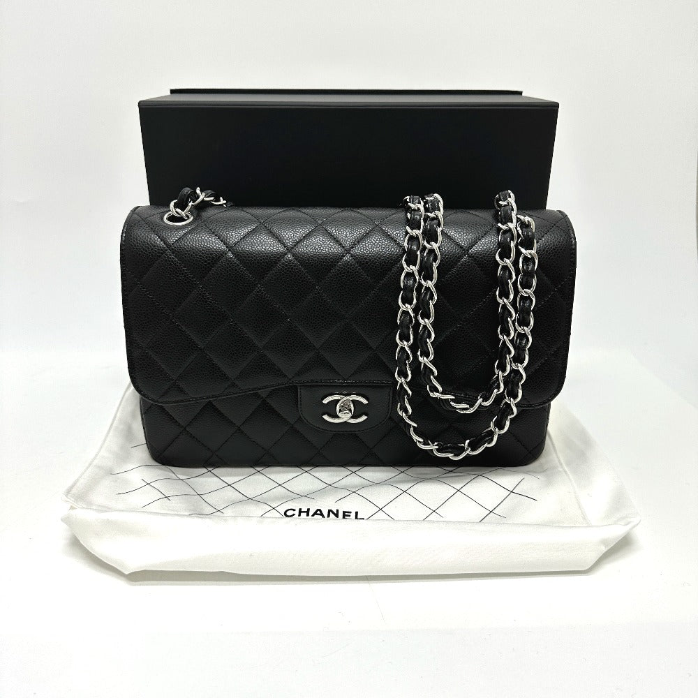 CHANEL A58600 CC Coco Mark Logo Deca Matelasse 30 Double Flap Chain Bag, Crossbody Bag with Double Chain, Caviar Leather, Women's, Black