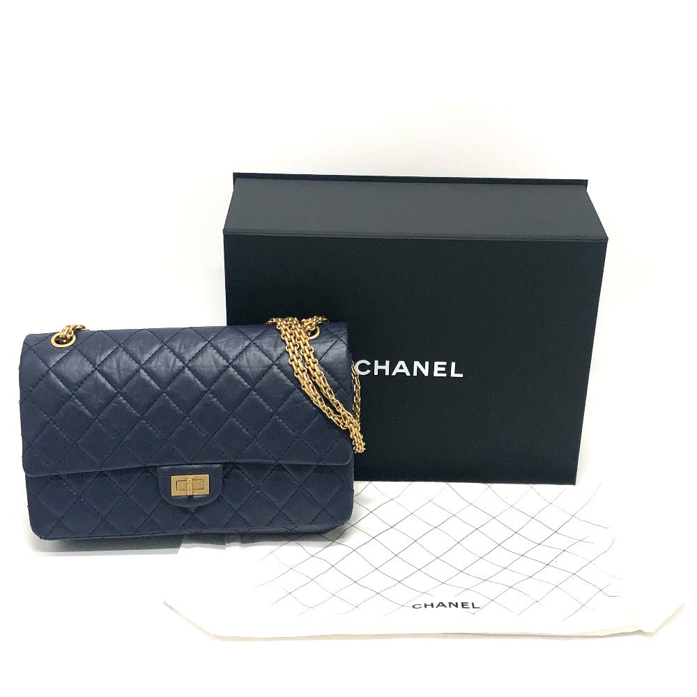 CHANEL Matelasse Double Flap Shoulder Bag with 2.55mm Hardware, Leather, Navy Blue