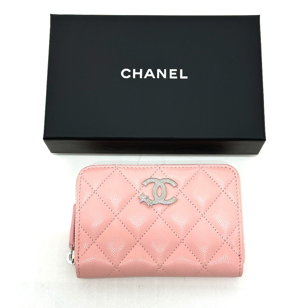 CHANEL マトラッセ ココスター ラウンド コンパクトウォレット 2つ折り財布 キャビアスキン レディース ピンク