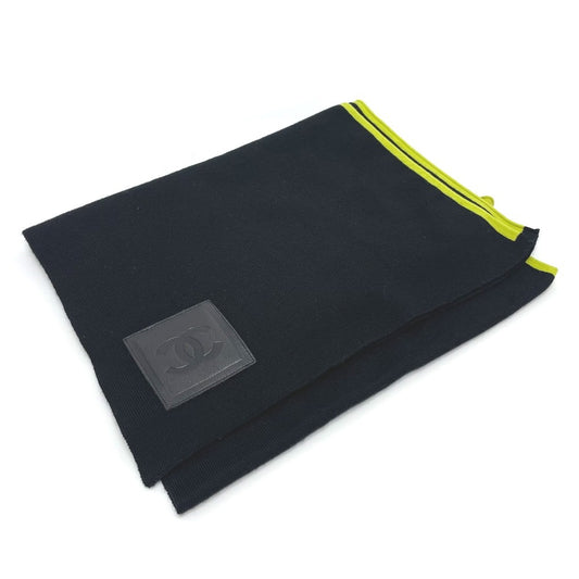 CHANEL Sport CC Coco Mark Scarf, Wool/Cashmere, Unisex, Black/Fluorescent Green
