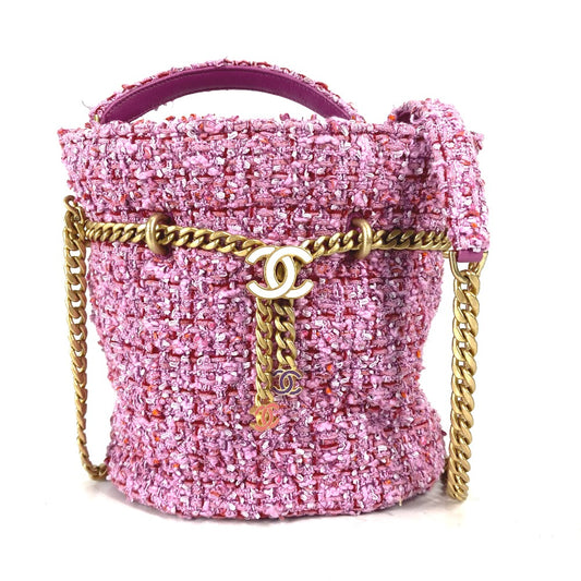 CHANEL 2022SS CC Coco Mark Chain Bucket-Shaped Crossbody Pochette 2-Way Handbag/Shoulder Bag in Tweed, Pink
