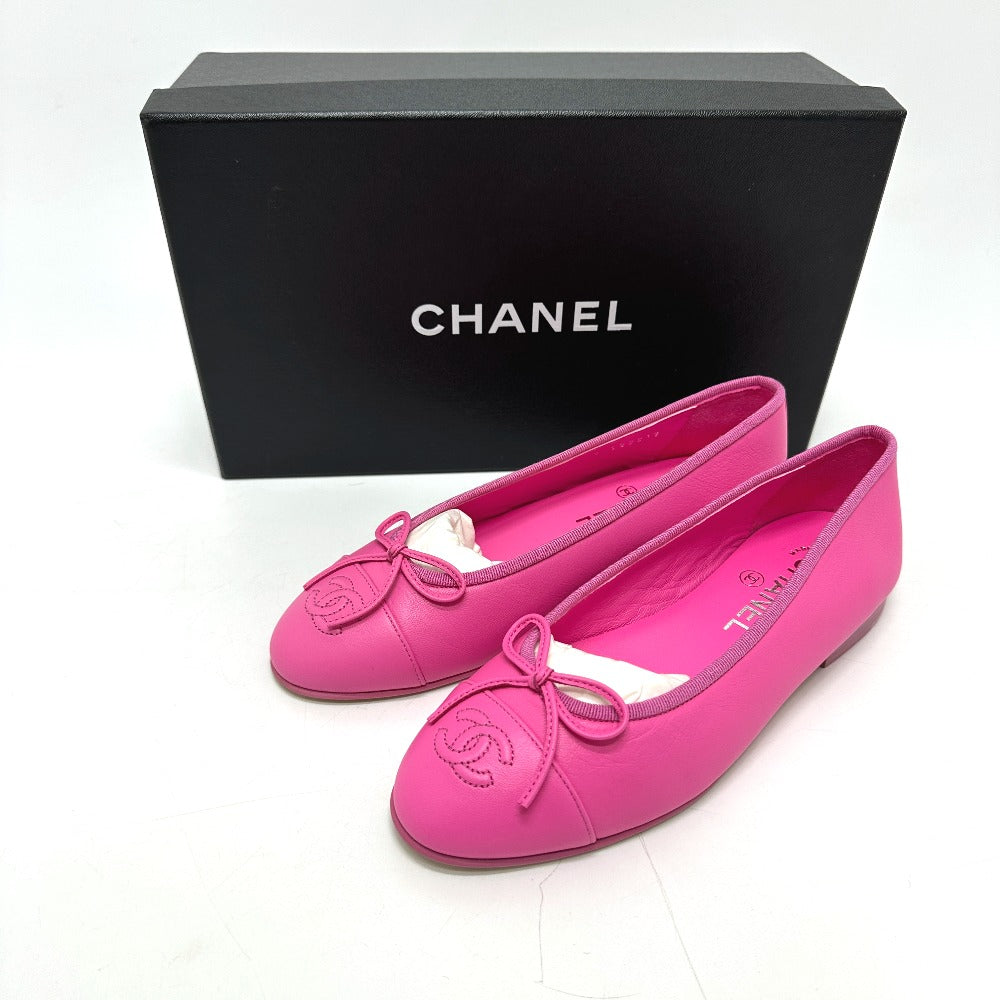 CHANEL G02819 CC ココマーク ロゴ リボン りぼん バレリーナ フラットシューズ バレエシューズ 靴 ペタンコ パンプス レザー レディース ピンク