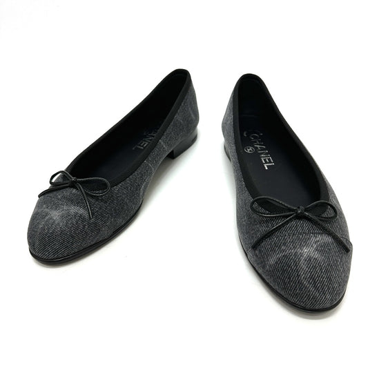 CHANEL G02819 CC Coco Mark Logo Ribbon Ballerina Flat Shoes Ballet Shoes Pumps Denim Women's Black