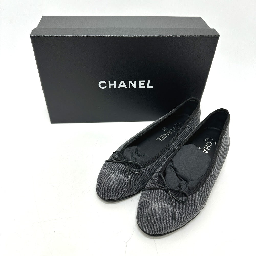 CHANEL G02819 CC Coco Mark Logo Ribbon Ballerina Flat Shoes Ballet Shoes Pumps Denim Women's Black