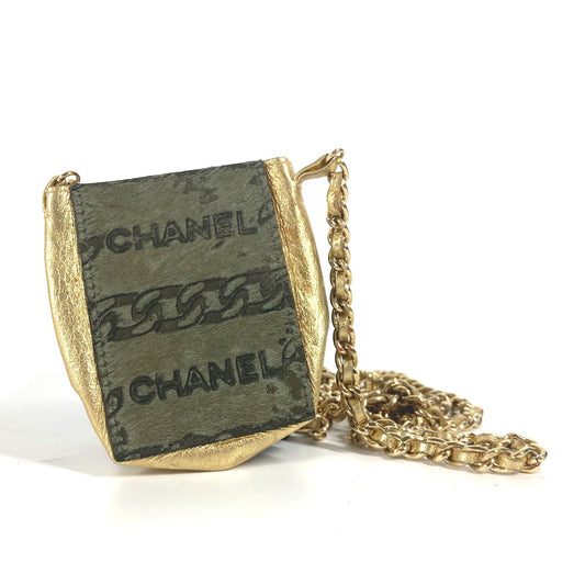 CHANEL Bag Pouch Logo Chain Mini Shoulder Bag Leather/Pony Hair Ladies Khaki