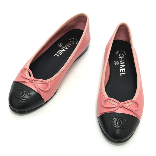 CHANEL Ribbon Ballerina Ballet Flats Leather Shoes Women's Pink