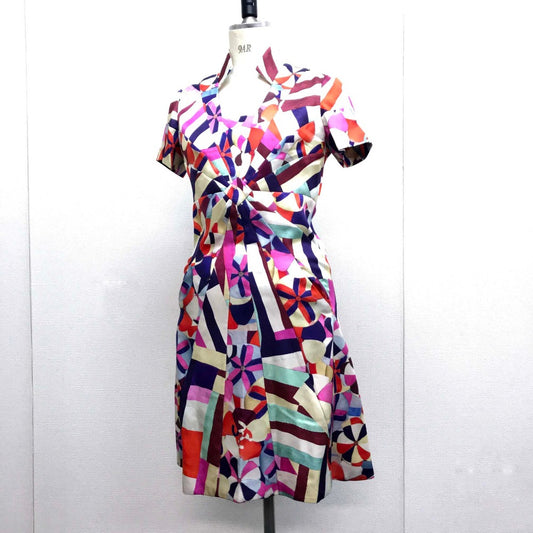 CHANEL P53088 Floral Silk Dress, Size 16C, Short Sleeve, Knee-Length, Square Neck, Multicolor
