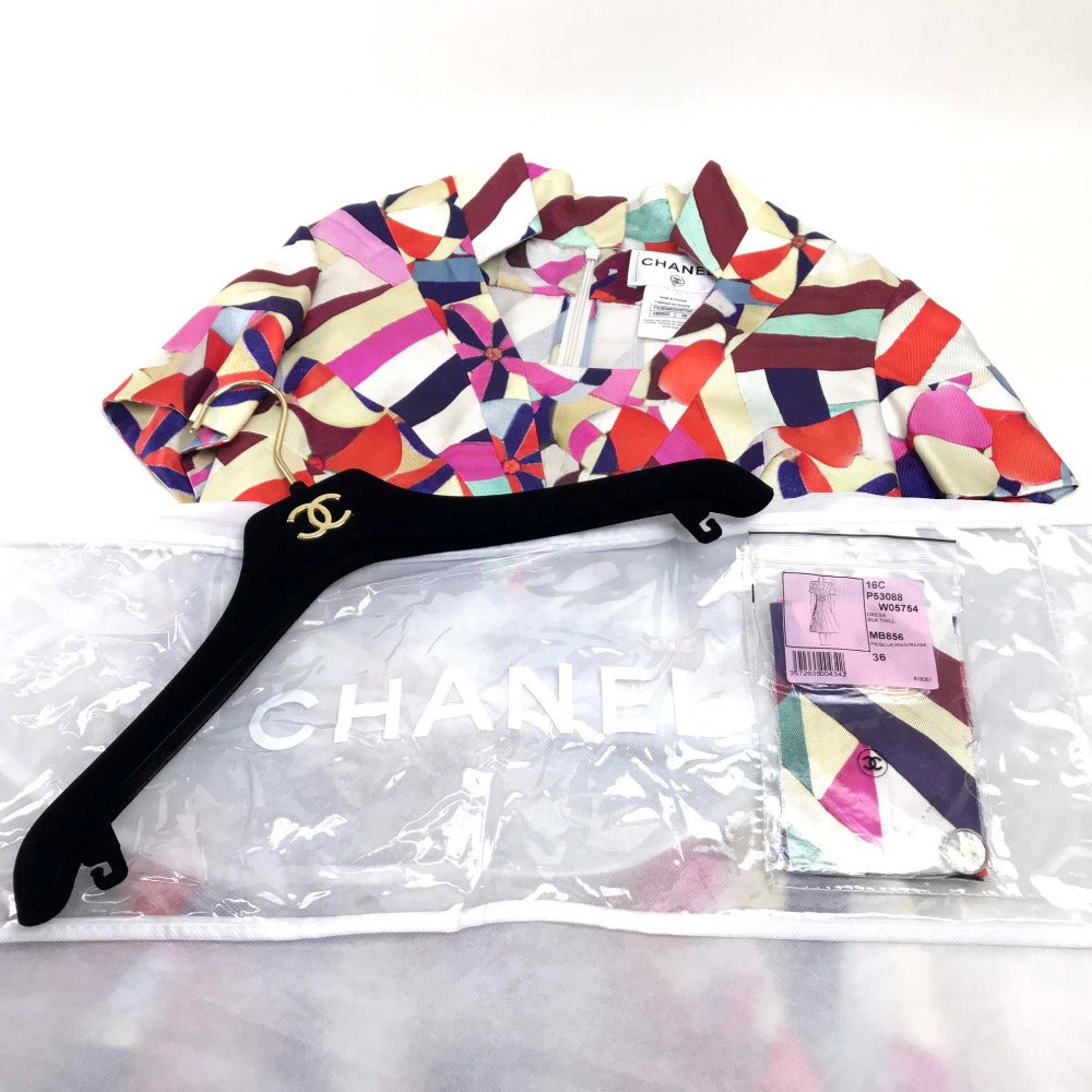 CHANEL P53088 Floral Silk Dress, Size 16C, Short Sleeve, Knee-Length, Square Neck, Multicolor