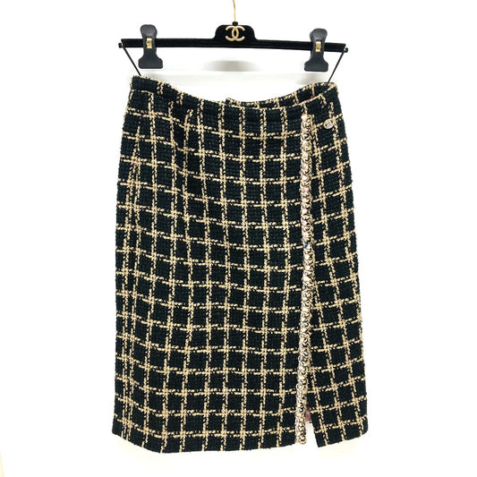 CHANEL P70539 Check Tweed Chain Skirt, 21SS, Silk, Women's, Black/Beige