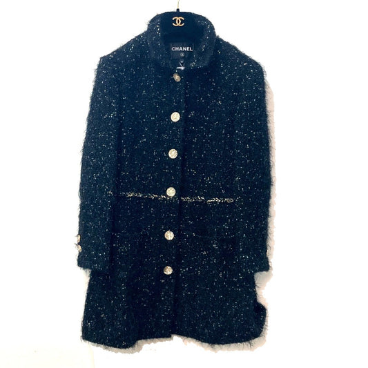 CHANEL P73115 ラメツイード マトラッセ ココマーク ボタン 22A 長袖 アパレル ロングコート ナイロン レディース ブラック