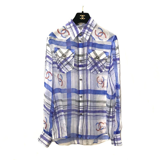 CHANEL P74508 CC Coco Mark Print Muslin Top, Apparel, Cut and Sew, Long Sleeve Blouse, Silk, Women's, White