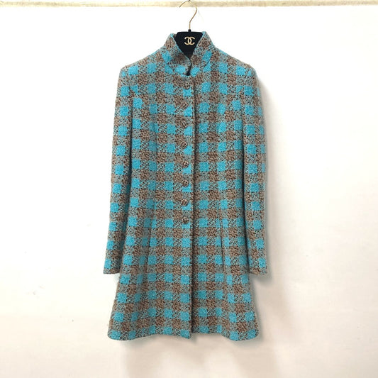 CHANEL P73646 Coco Mark CC Beaded Rhinestone Button Mixed Tweed 22K Wool Long Coat Women's Blue