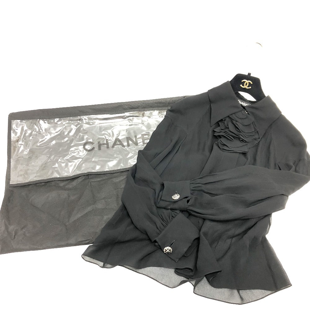 CHANEL P55115 Apparel Long Sleeve Top See-Through Camellia Brooch Blouse Sheer Blouse Long Sleeve Top Apparel Blouse Silk Women's Black