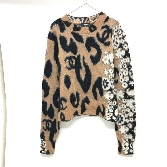 CHANEL P75361 23A Coco Mark Leopard Print Knit Sweater, Long Sleeve, Cashmere, Women's, Brown