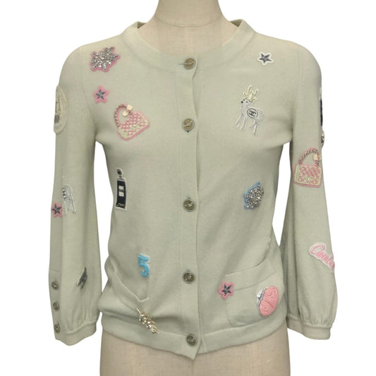 CHANEL P32745 08P パッチワーク ワッペン ビーズ装飾 アパレル トップス 長袖 カーディガン カシミヤ レディース グリーン