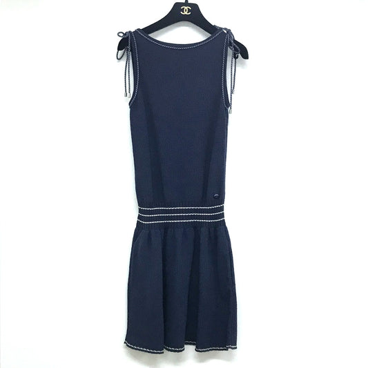 CHANEL CC Coco Mark Apparel Sleeveless Mini Dress with Ribbon, 15 Pieces, Cotton, Women's, Navy