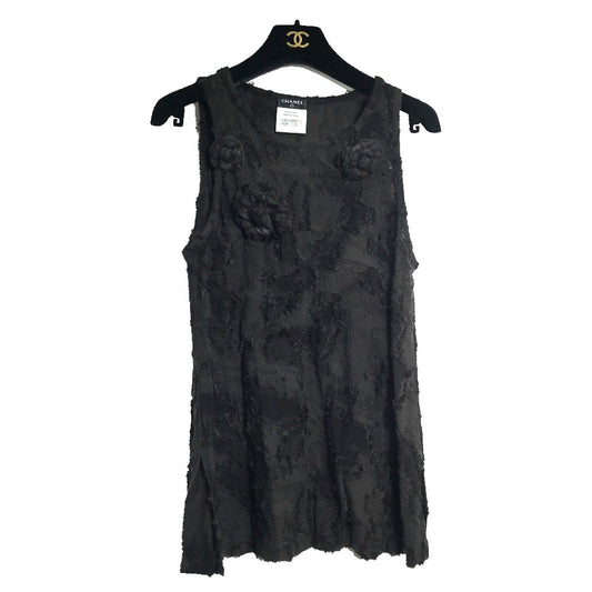 CHANEL Camellia Motif Sleeveless Top Dress, 15C Cotton Camisole, Black, Women's