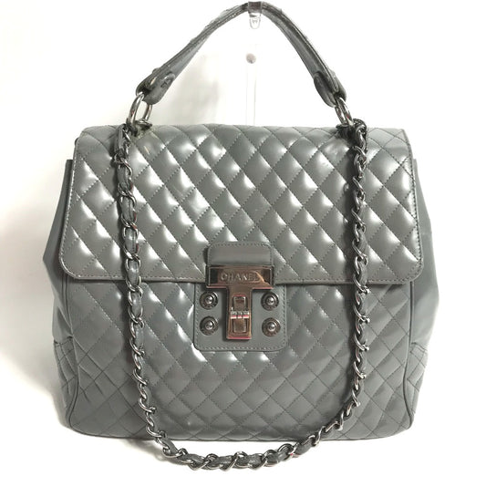 CHANEL Logo Quilted 2-Way Chain Shoulder Bag in Grey Leather