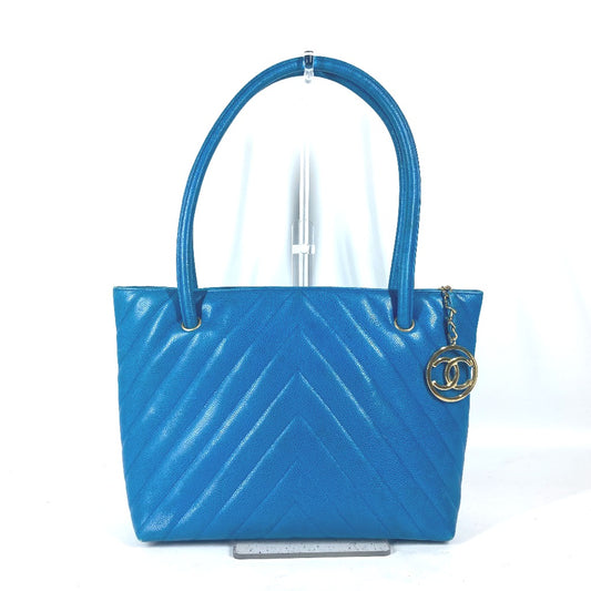 CHANEL วินเทจ V-Stitch CC โคโค่มาร์ค กระเป๋าสะพายข้าง กระเป๋าถือ กระเป๋าโท้ท สะพายไหล่ กระเป๋าถือ หนังคาเวียร์ สำหรับผู้หญิง สีน้ำเงิน