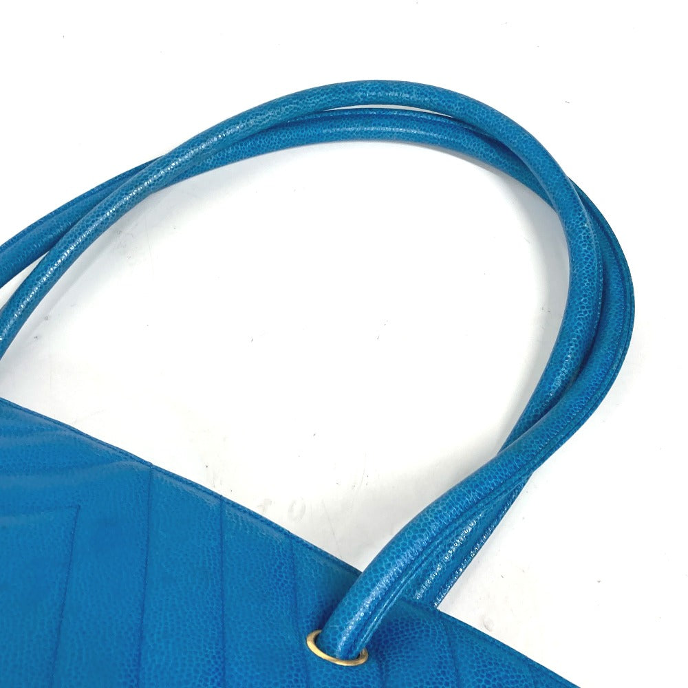 CHANEL ヴィンテージ Vステッチ CC ココマーク ショルダーバッグ カバン トートバッグ 肩掛け ハンドバッグ キャビアスキン レディース ブルー - brandshop-reference