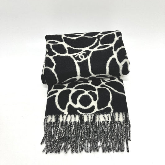 CHANEL Camellia Coco Mark Large Cashmere Scarf Women's Black