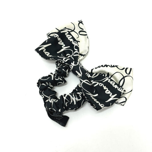 CHANEL All-Over Pattern Bi-Color Monotone Ribbon Hair Accessory Ornament Scrunchie Silk Women's Black