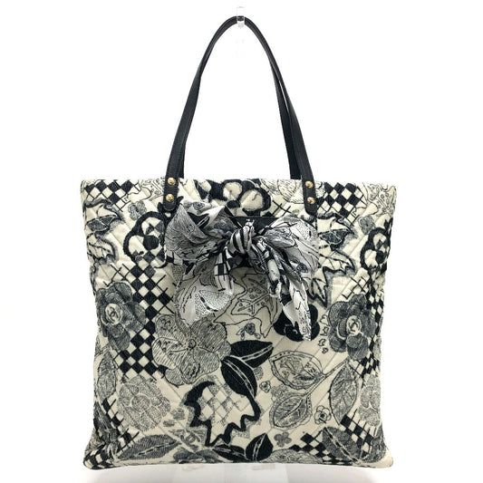 CHANEL Camellia Chevron Corduroy Shoulder Ribbon Handbag Tote Canvas Women's White