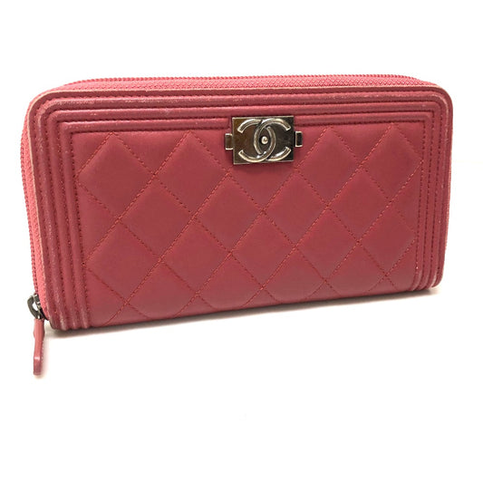 CHANEL A68733 Boy Chanel Round Zip Long Wallet, Lambskin, Women's, Rose