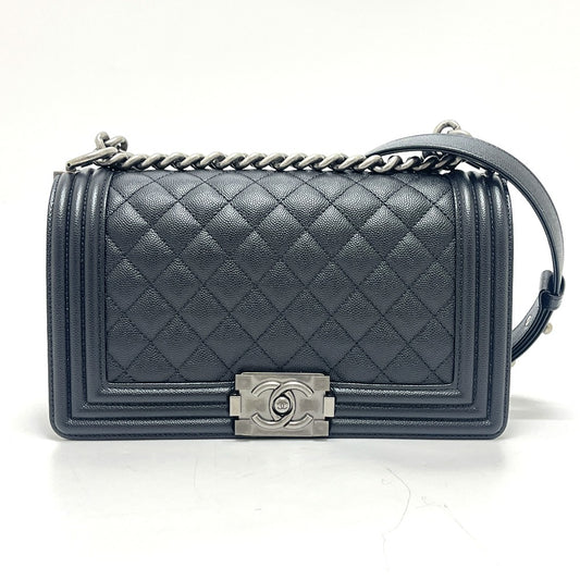 CHANEL A67086 Boy Chanel 25" Shoulder Bag in Caviar Leather with Chain and Silver Hardware, Black