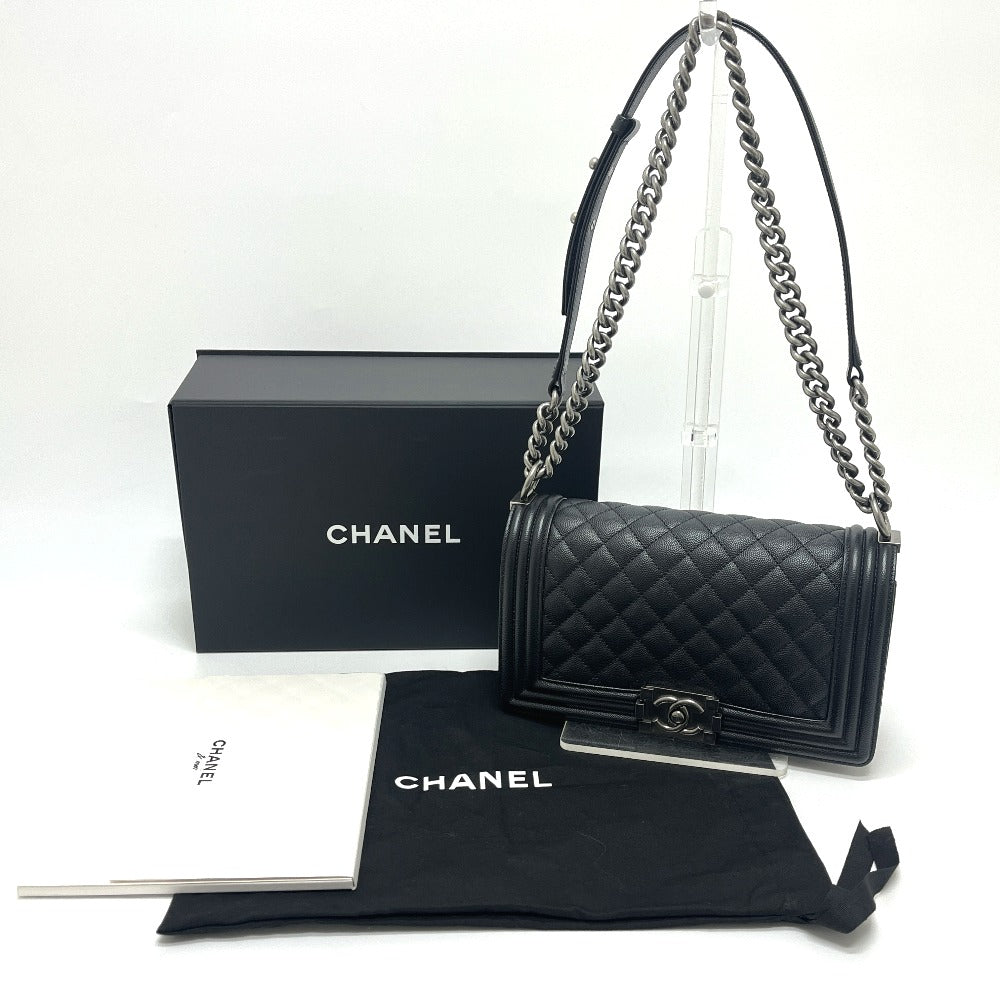 CHANEL A67086 Boy Chanel 25" Shoulder Bag in Caviar Leather with Chain and Silver Hardware, Black