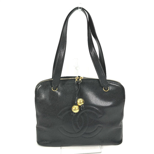 CHANEL ヴィンテージ CC ココマーク デカココ ココボール ロゴ 肩掛け トートバッグ ショルダーバッグ キャビアスキン レディース ブラック - brandshop-reference