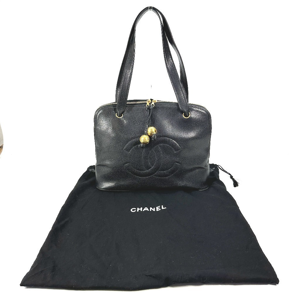 CHANEL Vintage CC Coco Mark Deka Coco Ball Logo Shoulder Tote Bag in Caviar Leather, Black